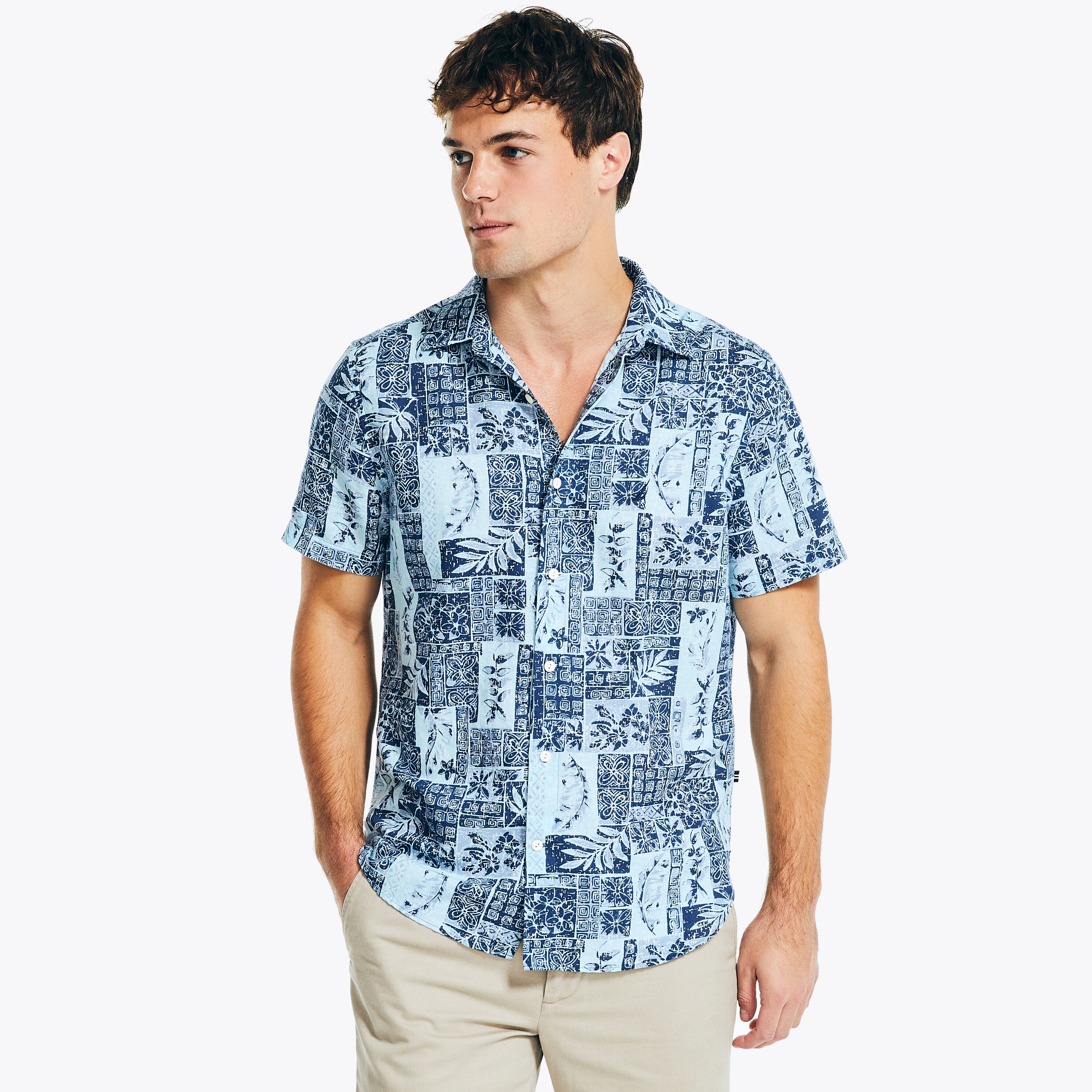 Nautica Men's Floral Print Linen-Cotton Short Sleeve Shirt - Sustainably Crafted Button Down