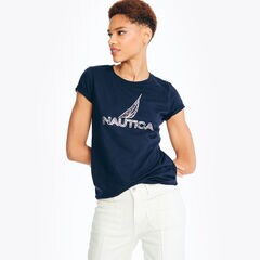 Nautica brand icon Puff Foil Graphic T-Shirt,Stellar Blue Heather,large
