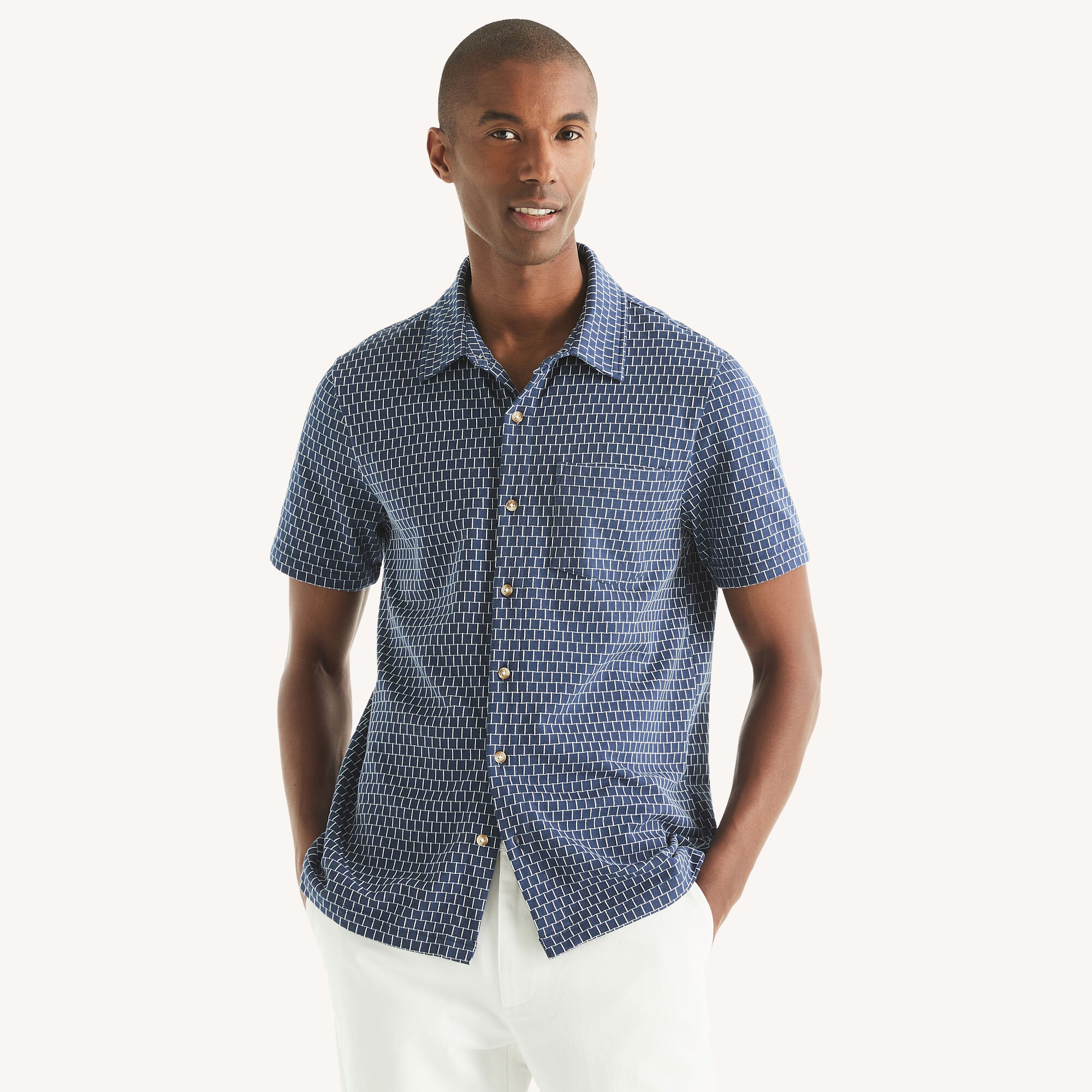 Classic Fit Printed Button-Front Polo,Stellar Blue Heather,large