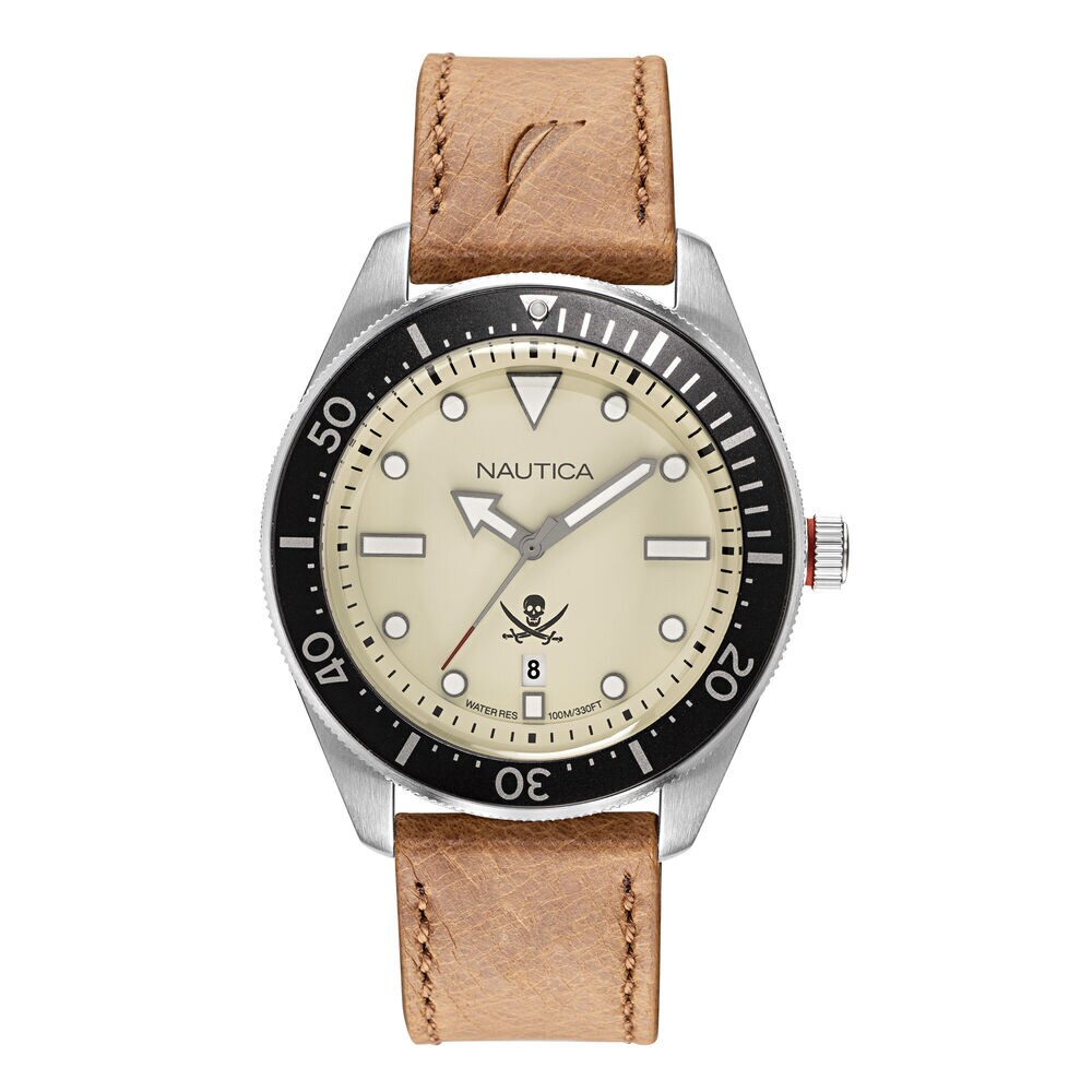 HILLCREST PARCHMENT DIAL WATCH WITH LEATHER STRAP,Multi,large