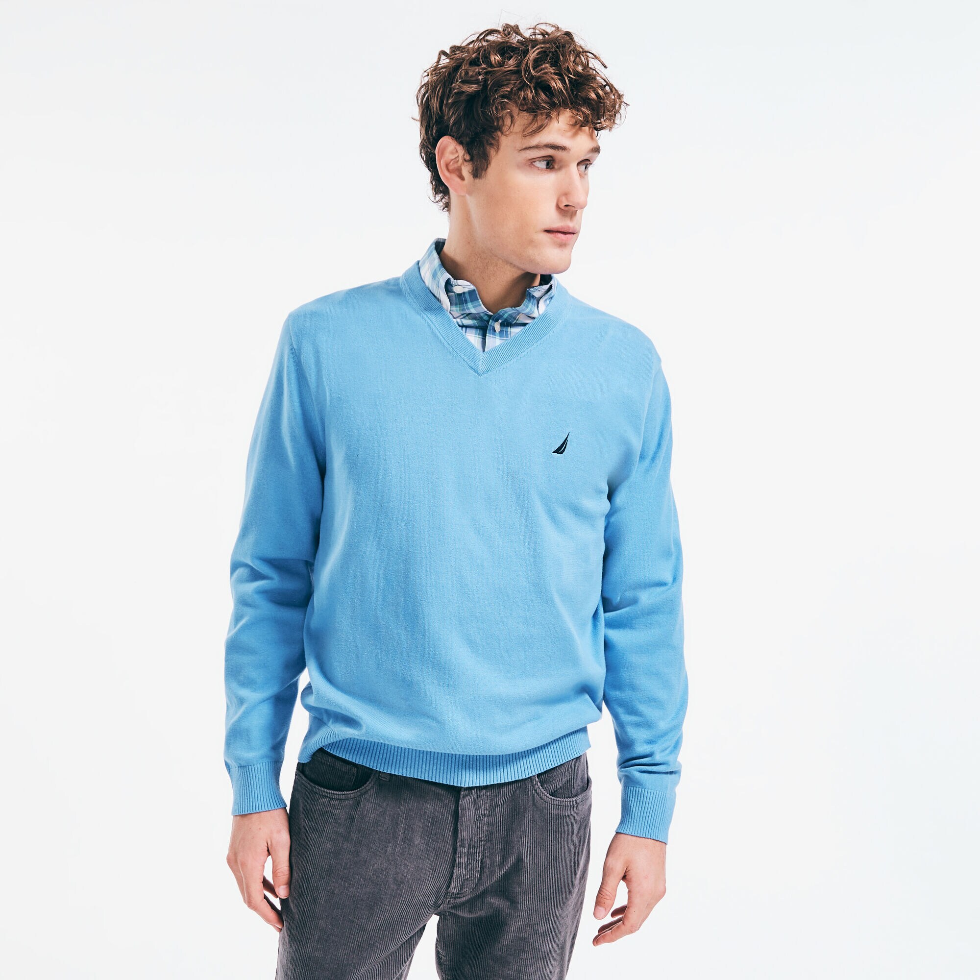 BRAND ICON V-NECK SWEATER,Aquasplash,large
