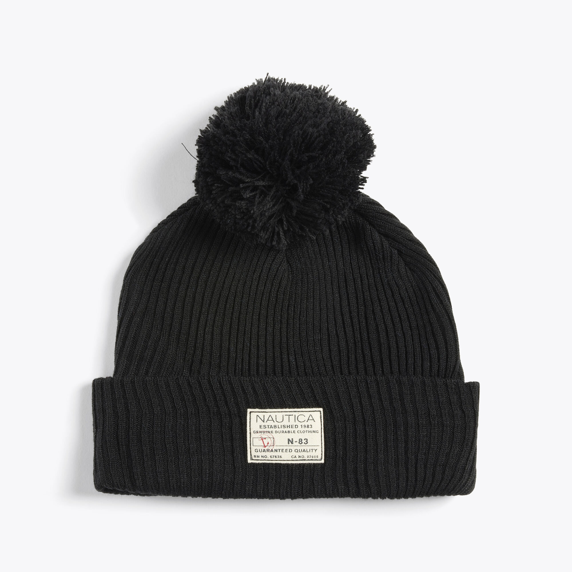 Rib-Knit Pom Hat,True Black,large