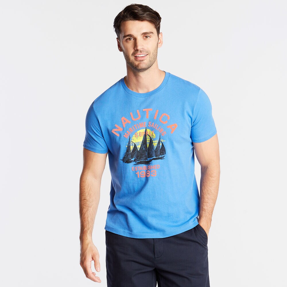 JERSEY T-SHIRT IN MARITIME SAILING SUPPLY GRAPHIC,Reef Blue,large