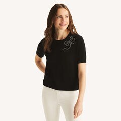 Bow Short-Sleeve Sweater,True Black,large