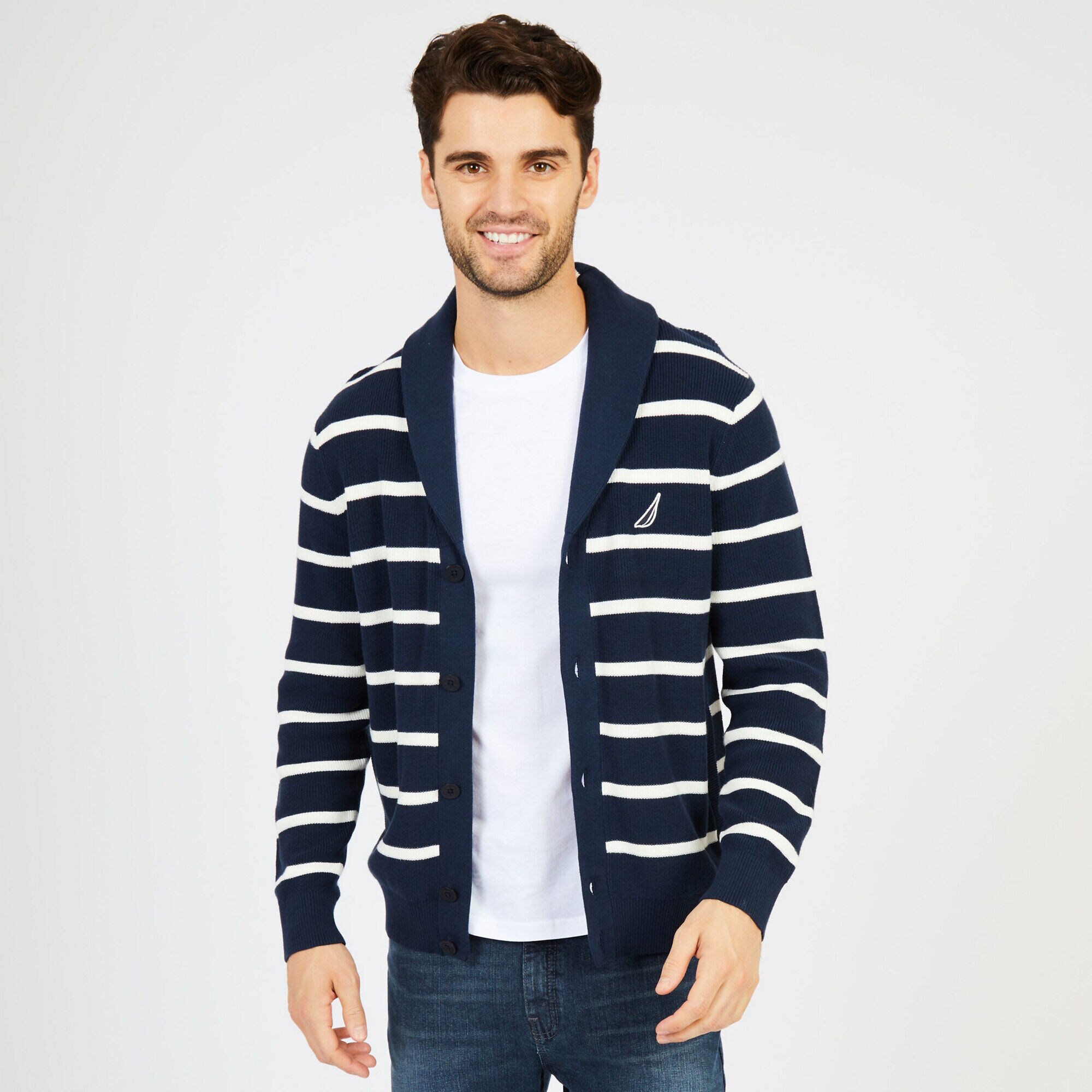 Long Sleeve Button-Front Shawl-Collar Striped Cardigan,True Navy,large