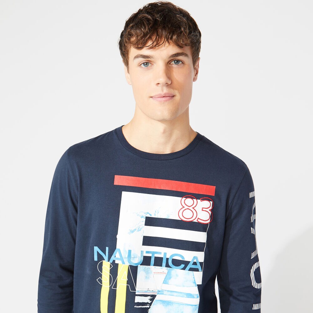 LONG SLEEVE STRIPE COLLAGE T-SHIRT,Navy,large
