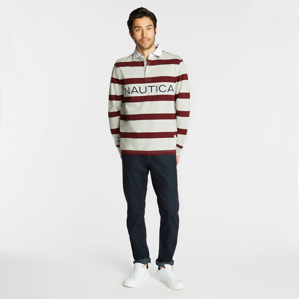 LOGO STRIPED LONG SLEEVE RUGBY,Grey Heather,large