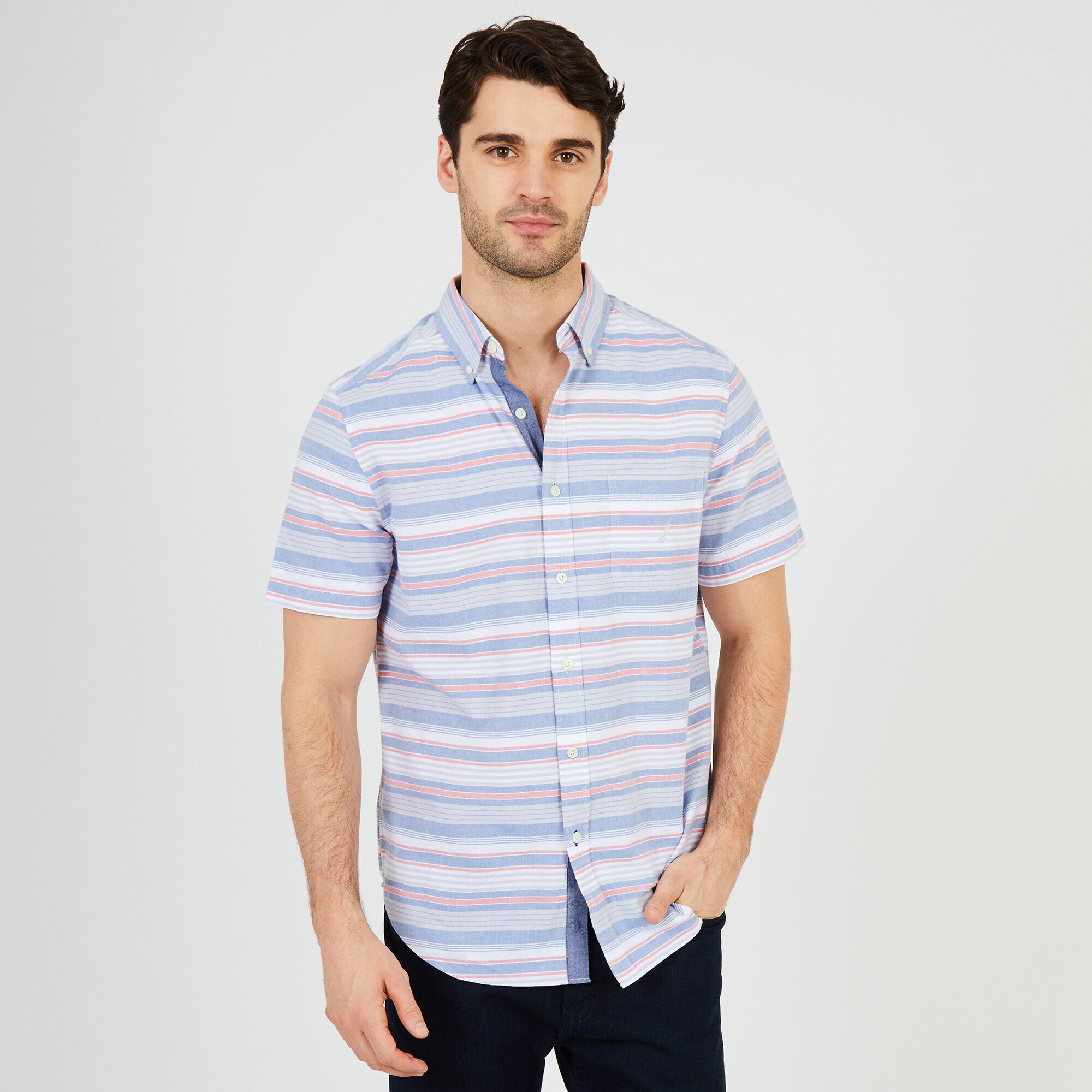 Striped Classic Fit Short Sleeve Button Down,Mist Grey,large