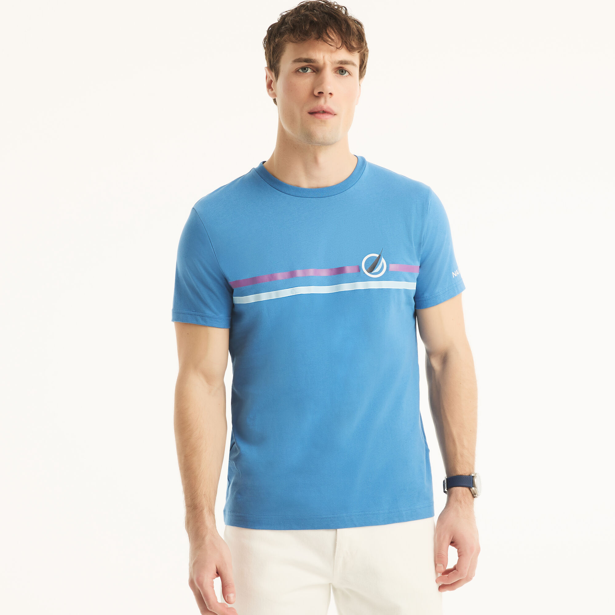 Chest-Stripe Crewneck T-Shirt,Star Sapphire,large