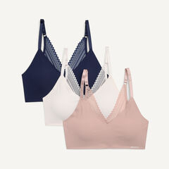 Lace Trimmed Ribbed Bra, 3-Pack,Workshirt Blue,large