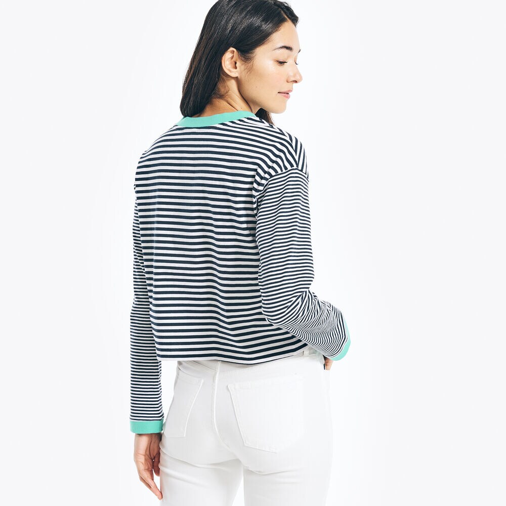 CROPPED STRIPED LONG-SLEEVE T-SHIRT,Bright White,large