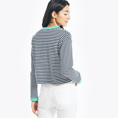 CROPPED STRIPED LONG-SLEEVE T-SHIRT,Bright White,large