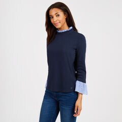 Crewneck Long Sleeve Top with Striped Cuffs,Stellar Blue Heather,large
