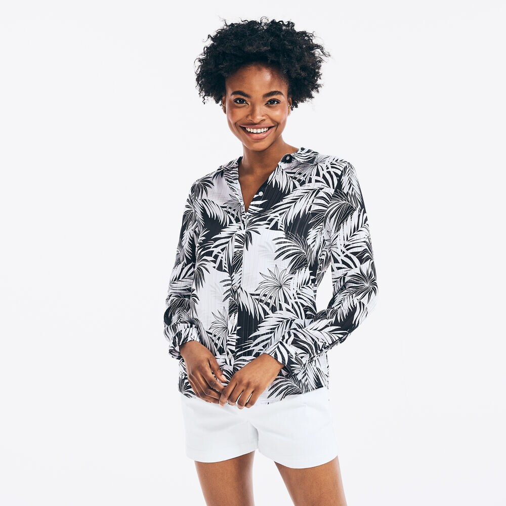 SATIN PALM TREE PRINT SHIRT,True Black,large