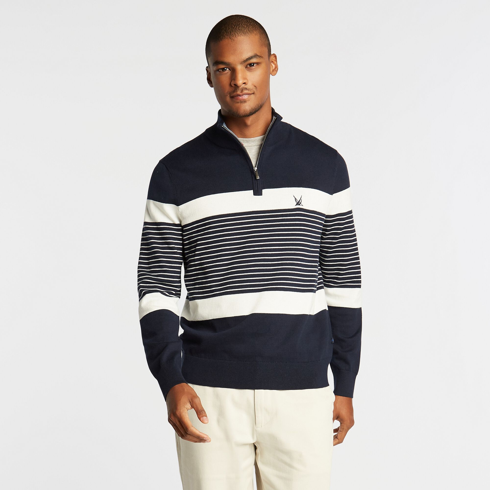 NAVTECH STRIPED QUARTER-ZIP SWEATER,Navy,large