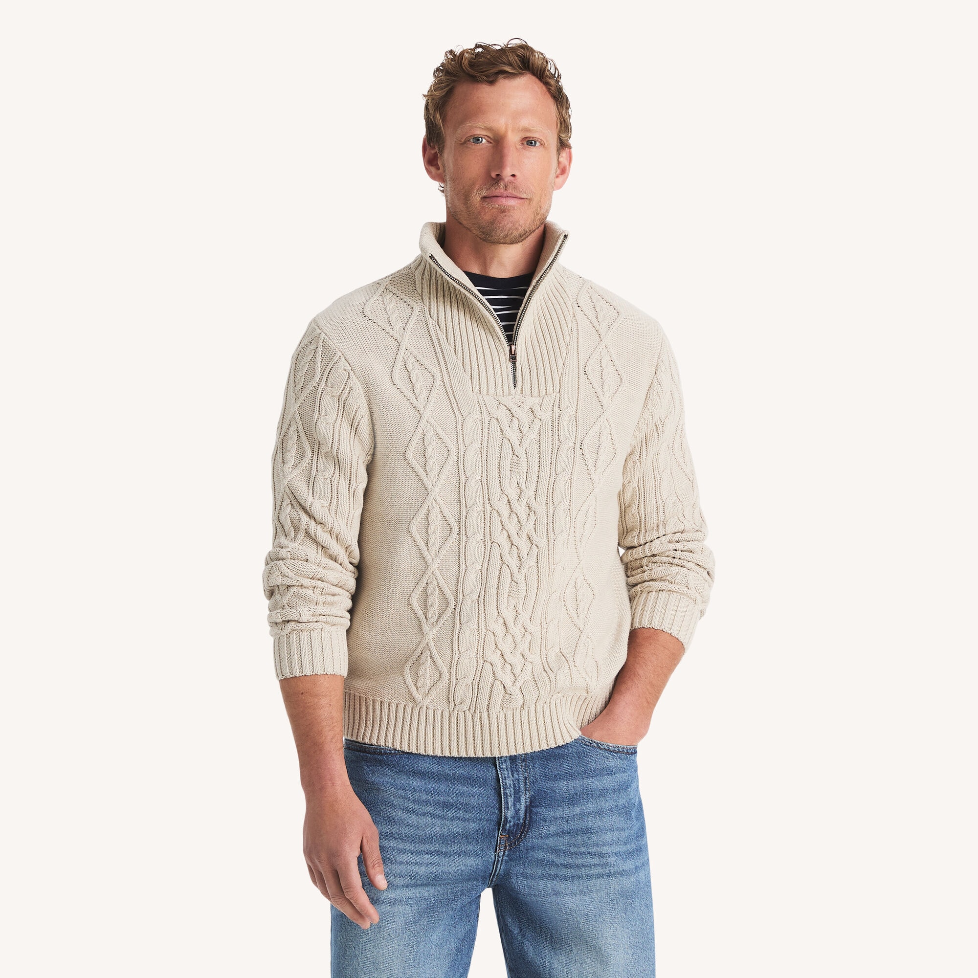 Stonewashed Cableknit Mockneck Sweater,Oatmeal Heather,large