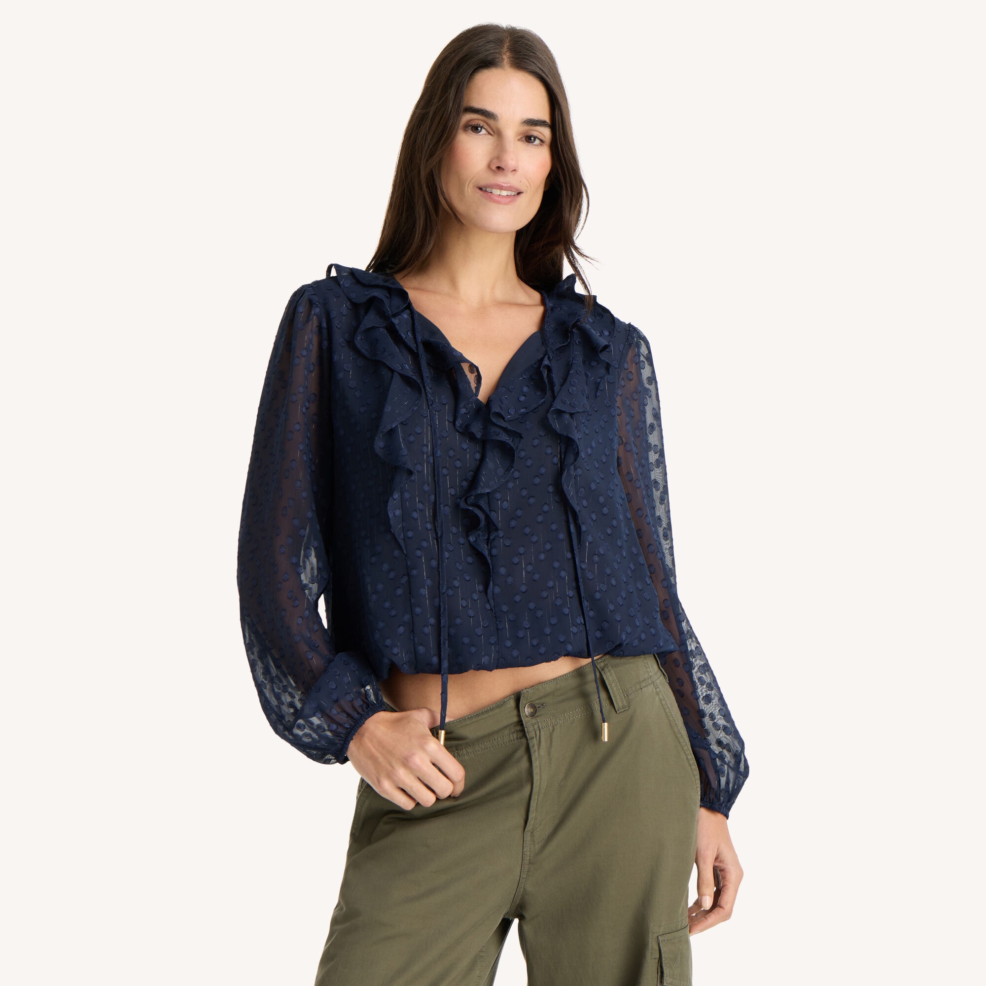 Long-Sleeve Ruffle Top,Blue Indigo Heather,large