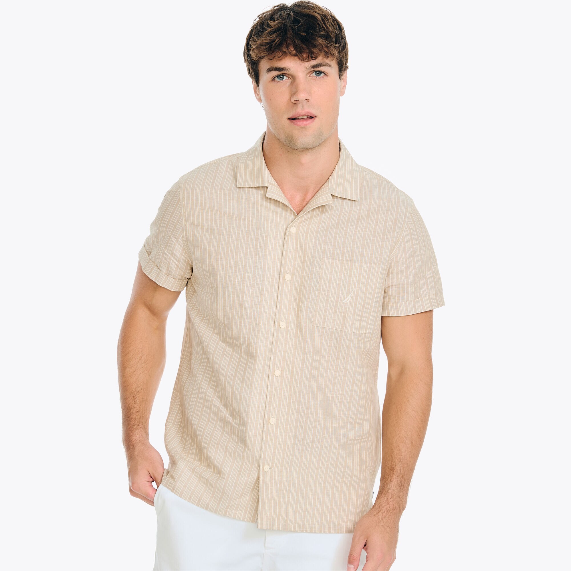 Striped Linen Short-Sleeve Shirt,Dark Brown,large