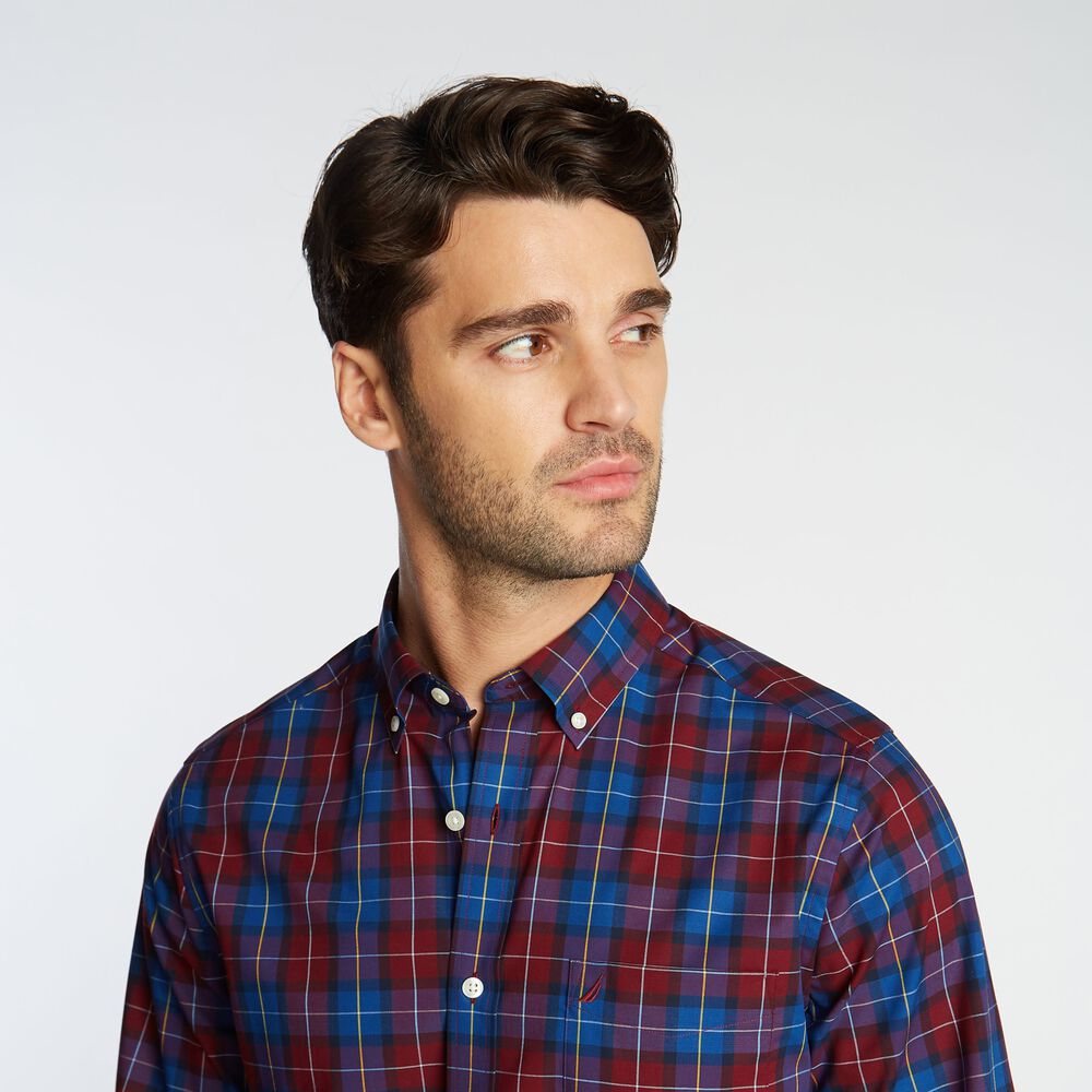BIG & TALL STRETCH WRINKLE RESISTANT SHIRT IN PLAID,Zinfandel,large