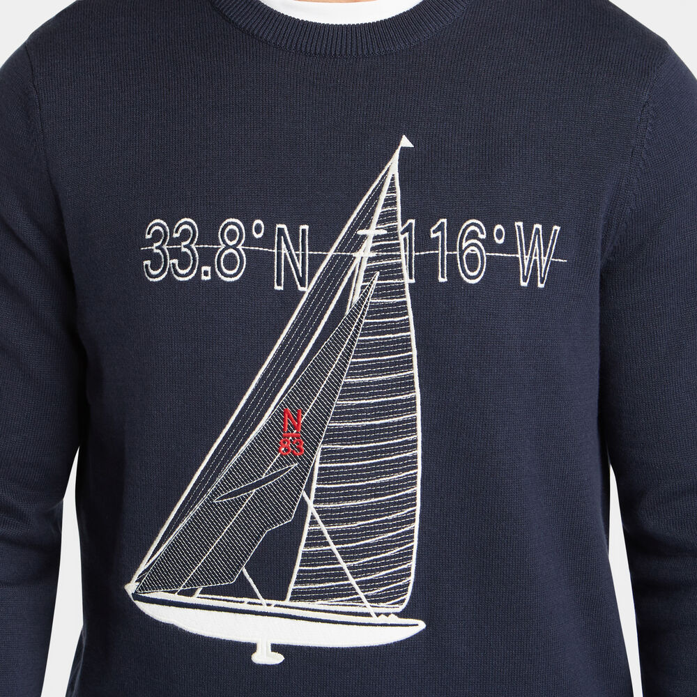 SAILBOAT APPLIQUE CREWNECK SWEATER,Navy,large