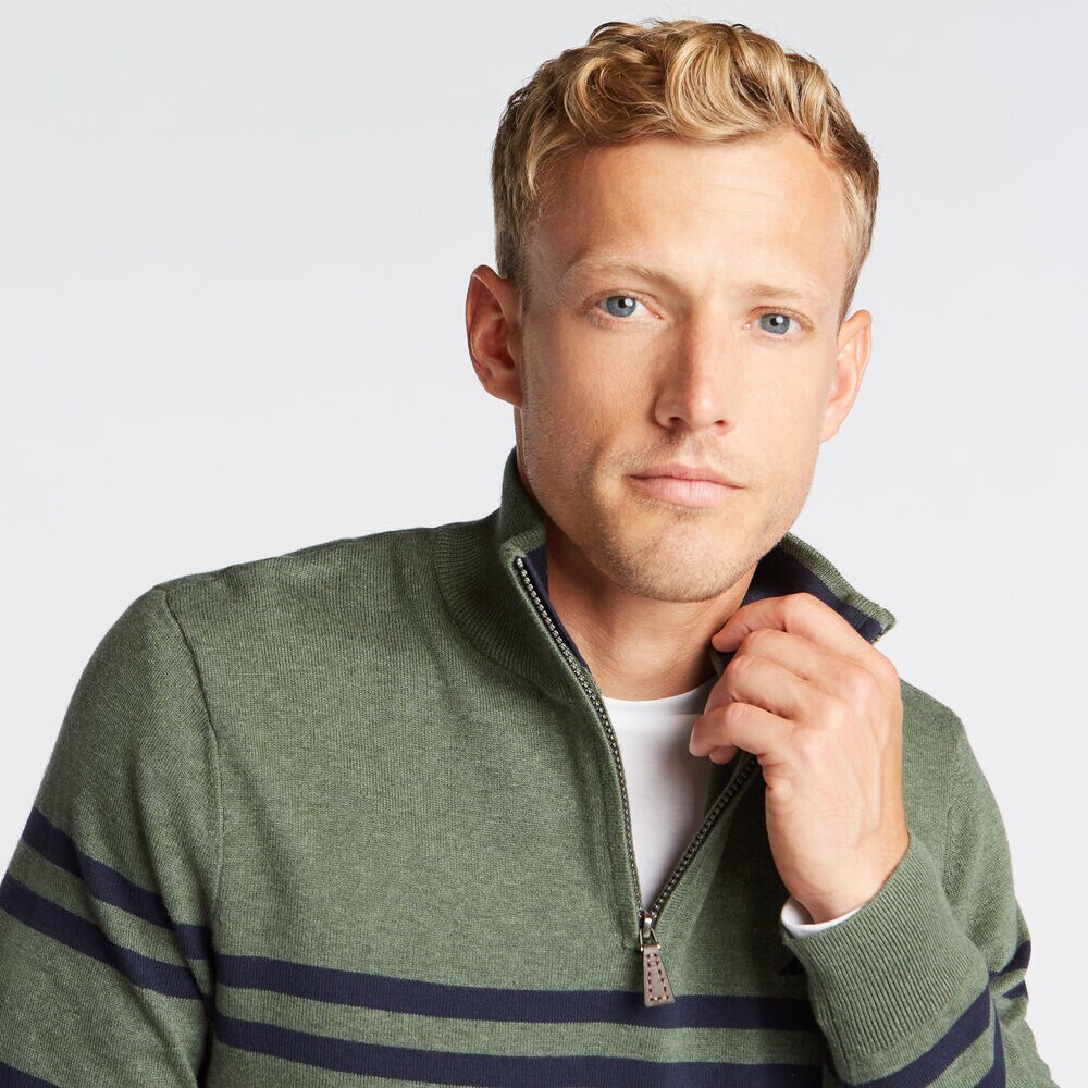 QUARTER ZIP BRETON STRIPED SWEATER,Pine Forest Heather,large