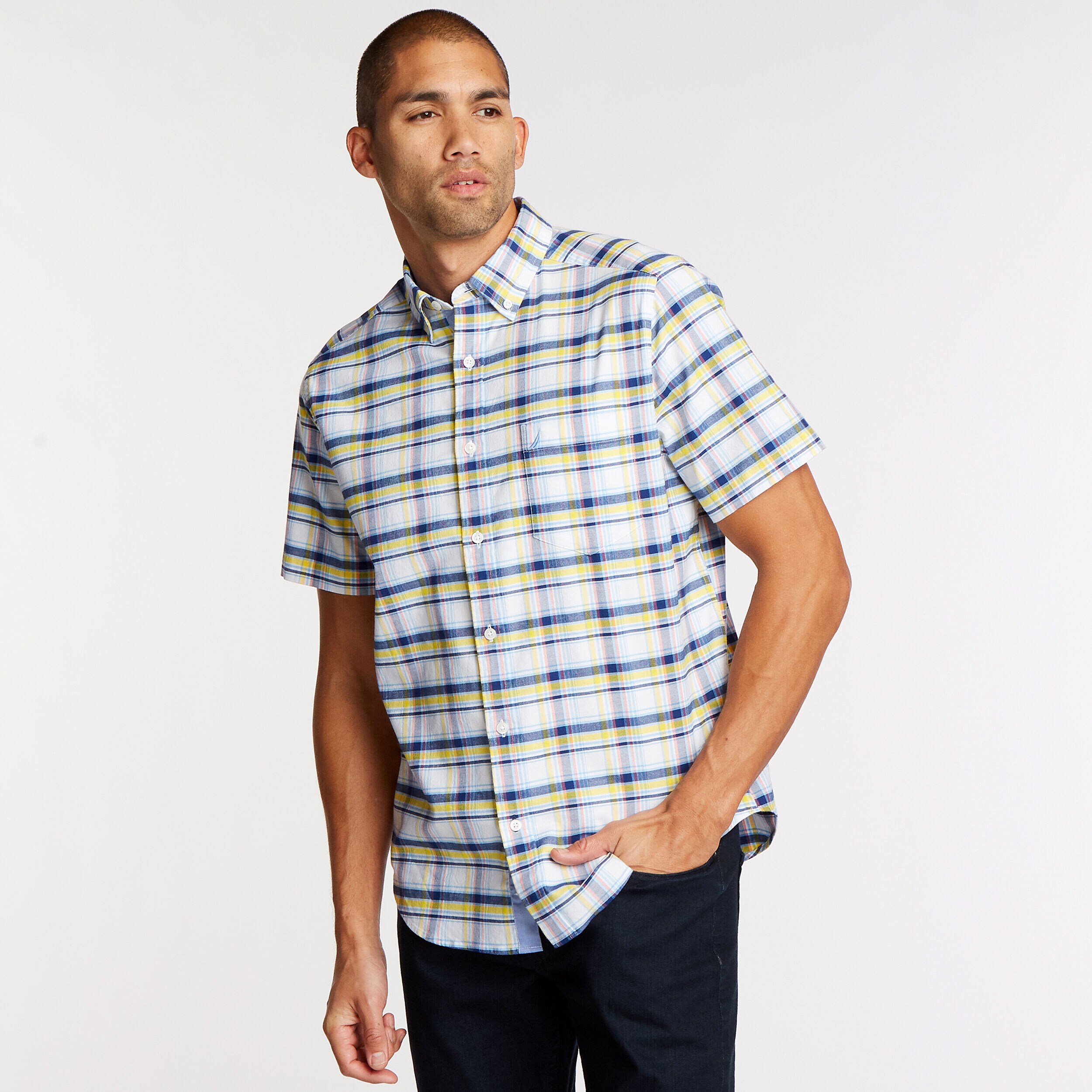 Short Sleeve Classic Fit Oxford Shirt in Plaid | Nautica