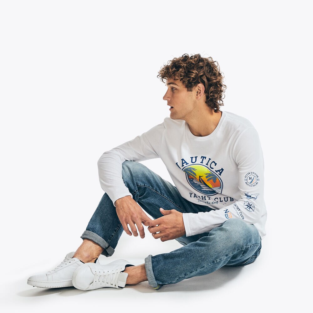 OCEAN VIBES GRAPHIC LONG-SLEEVE T-SHIRT,Bright White,large