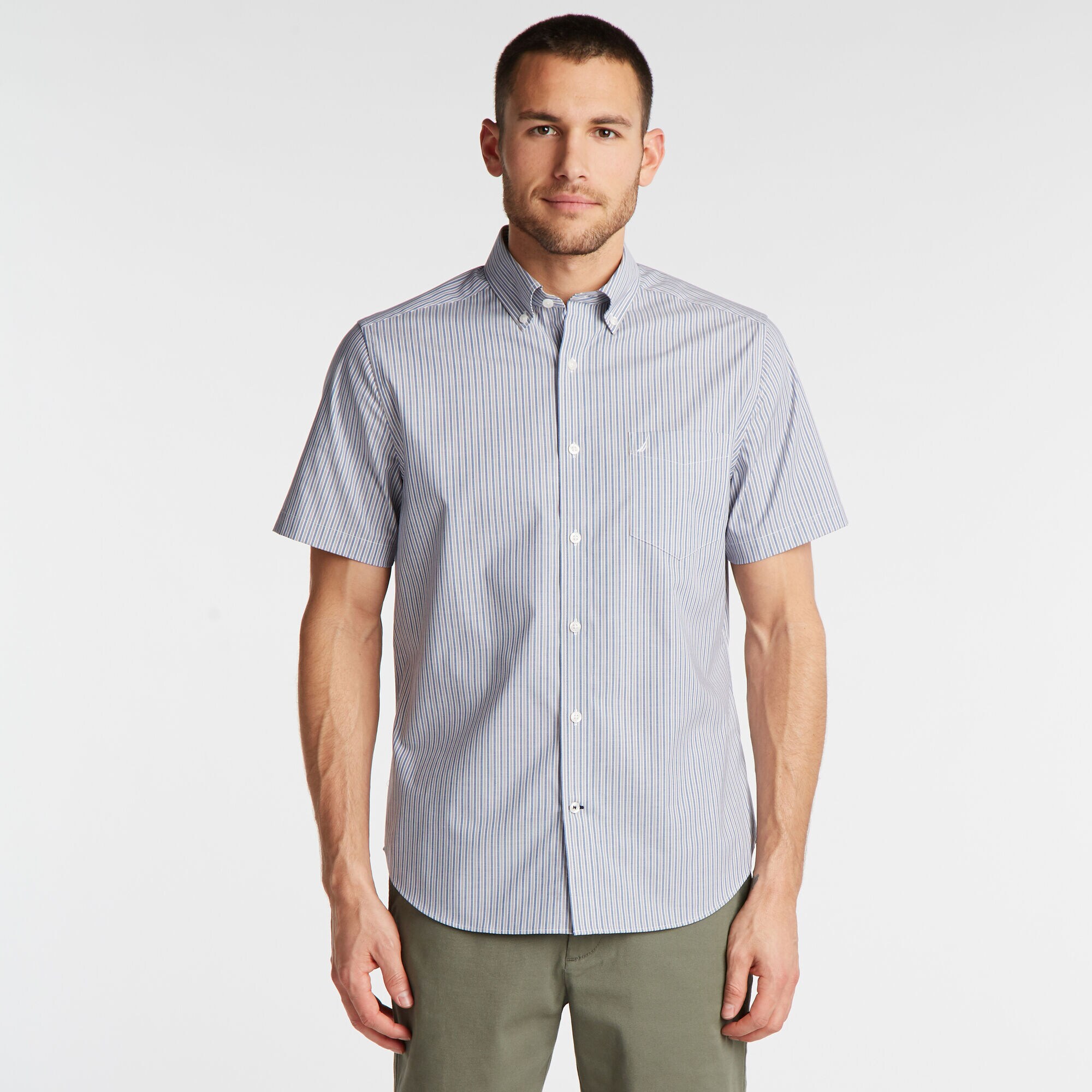 CLASSIC FIT SHORT SLEEVE WRINKLE-RESISTANT SHIRT IN STRIPE,Bright White,large