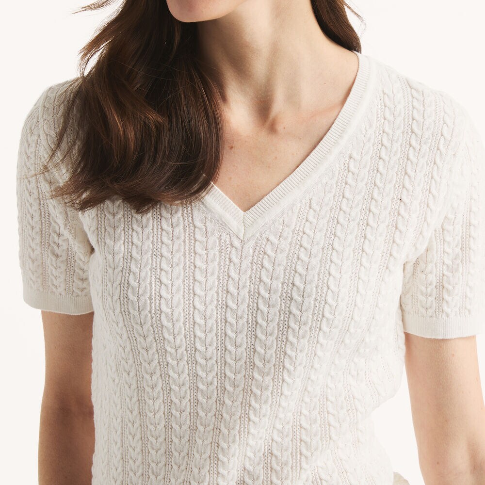 Cable-Knit Short-Sleeve Sweater,Shell,large