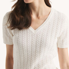 Cable-Knit Short-Sleeve Sweater,Shell,large