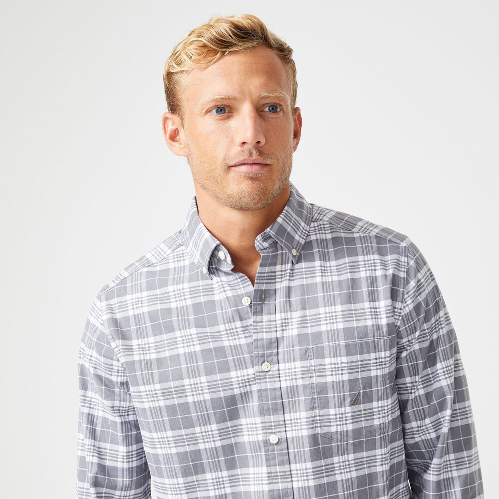 CLASSIC FIT STRETCH PLAID LONG SLEEVE SHIRT,Pewter Grey,large