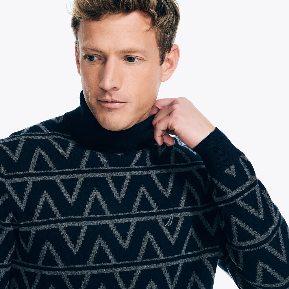 Sustainably Crafted Jacquard Turtleneck Sweater,Stellar Blue Heather,large