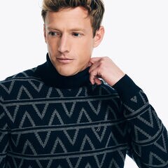 Sustainably Crafted Jacquard Turtleneck Sweater,Stellar Blue Heather,large