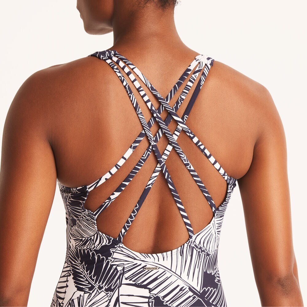 Printed Cross-Back One-Piece Swim,Stellar Blue Heather,large