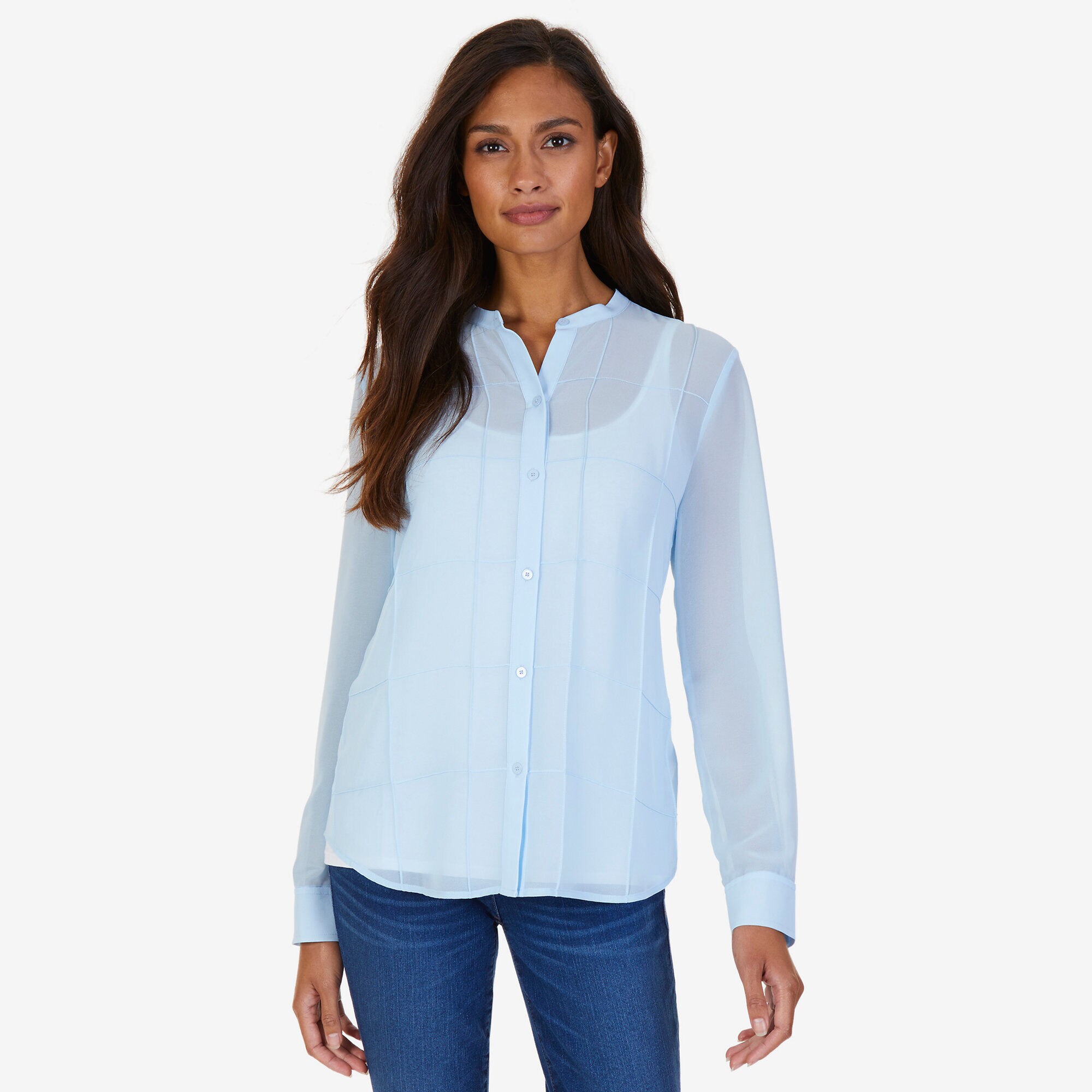 Button-Down Grid Blouse,Clear Sky Blue,large