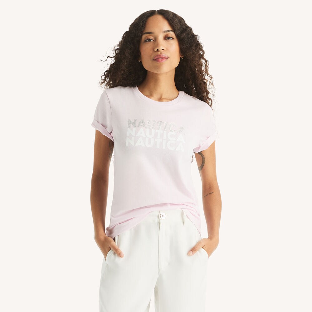 Modern Logo Rhinestone Graphic T-Shirt,Cradle Pink,large