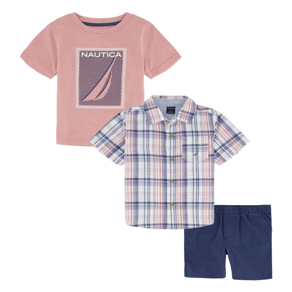 TODDLER BOYS' PLAID SHIRT AND T-SHIRT 3PC SHORT SET,,large