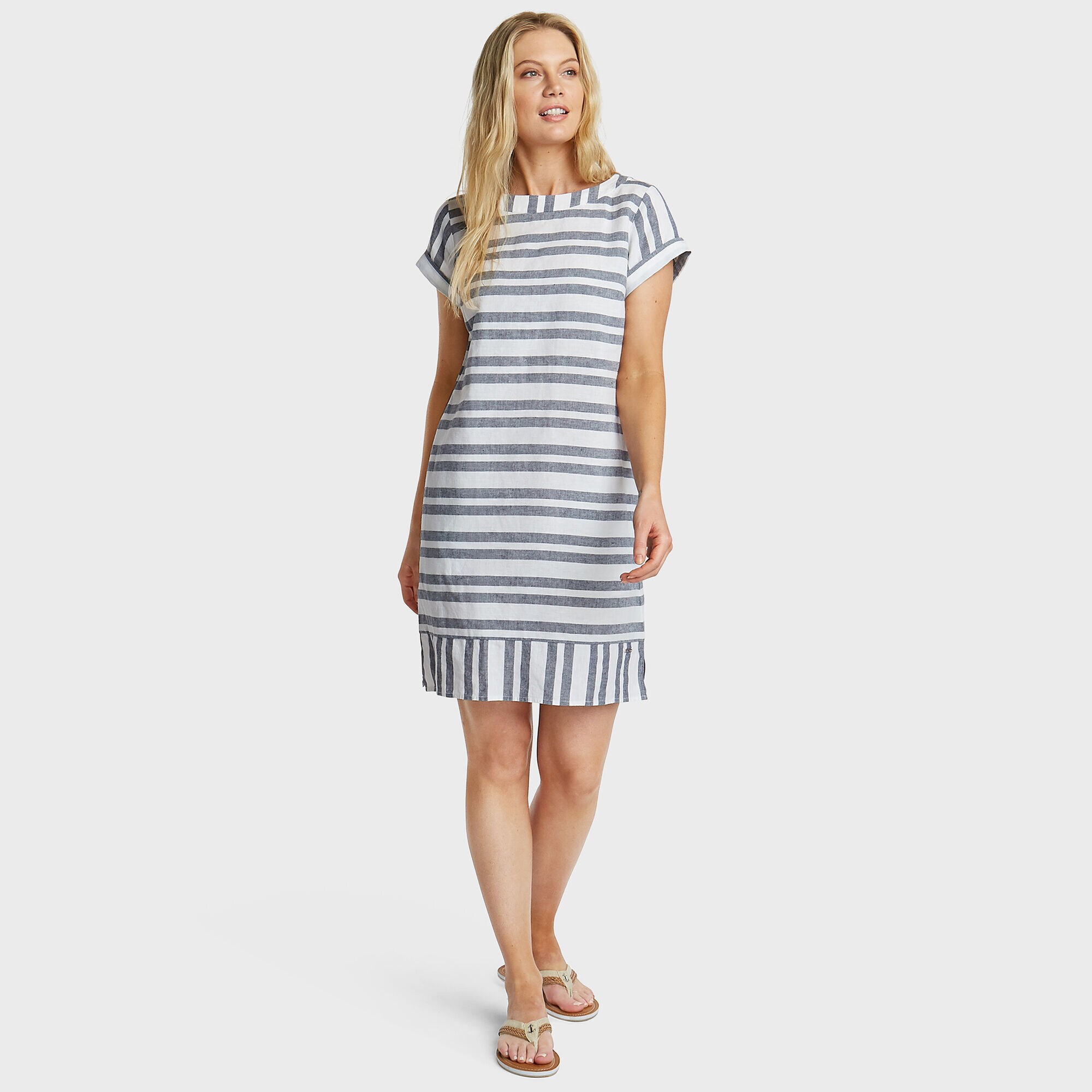 Short Sleeve Linen Blend Shift Dress in Stripe,Bright White,large