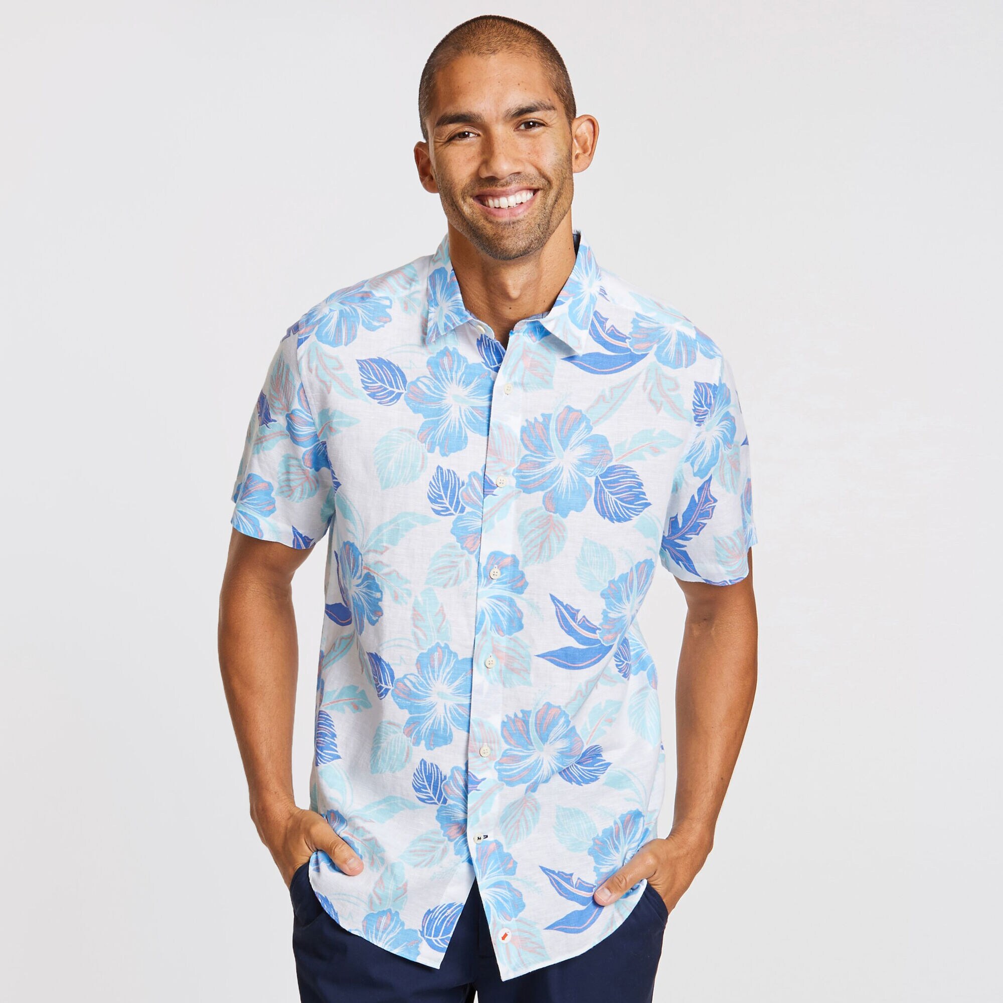 Linen-Cotton Hawaiian Flower Classic Fit Shirt,Bright White,large