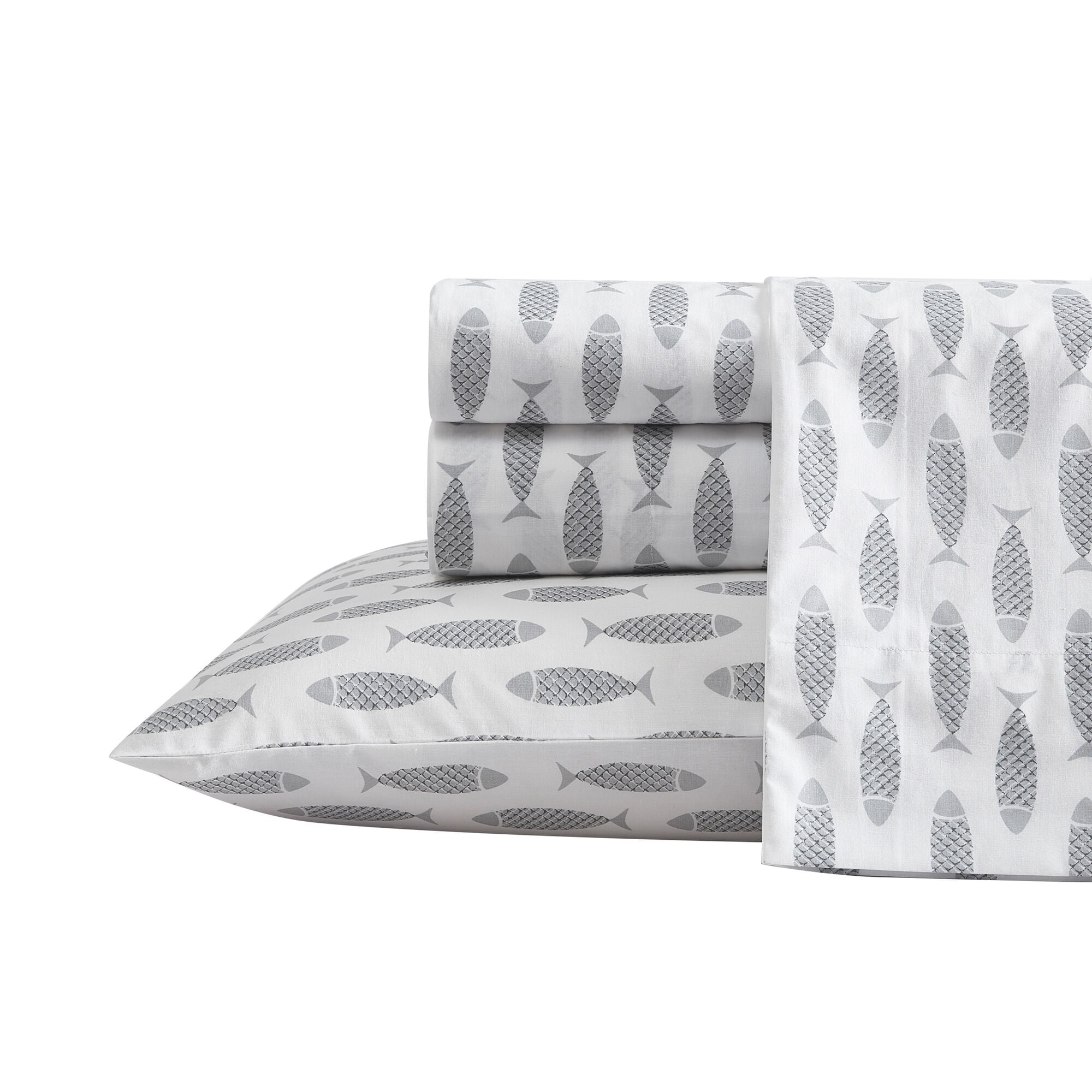 WOODBLOCK FISH GREY TWIN SHEET SET,Heather,large