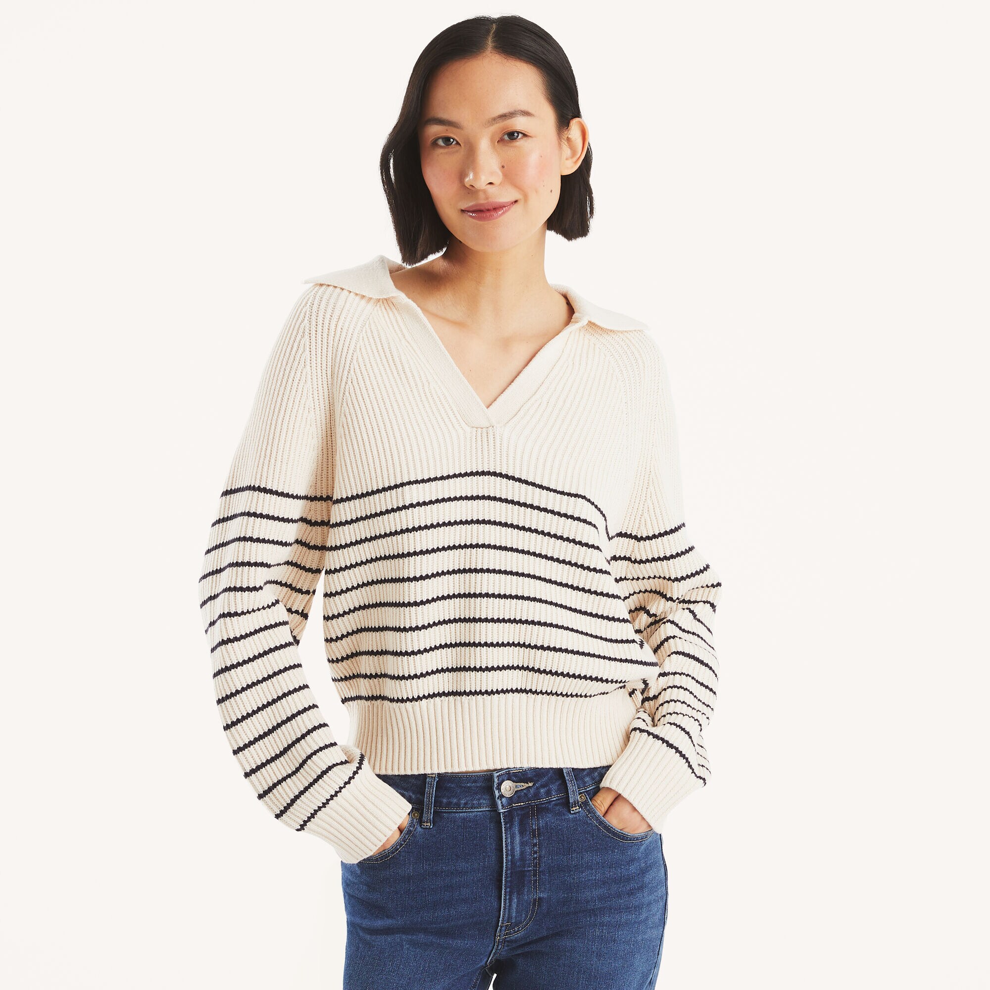 Striped Johnny Collar Sweater,Arctic White,large