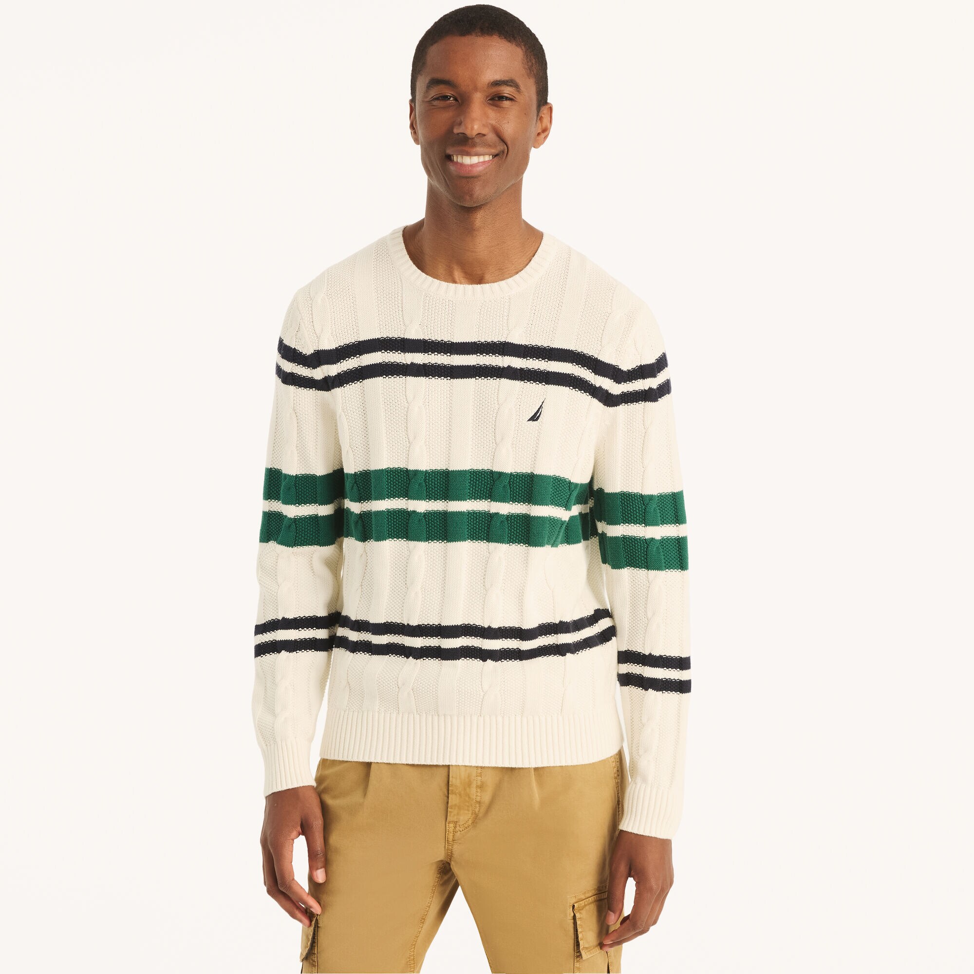 Striped Cable-Knit Sweater,Marshmallow,large