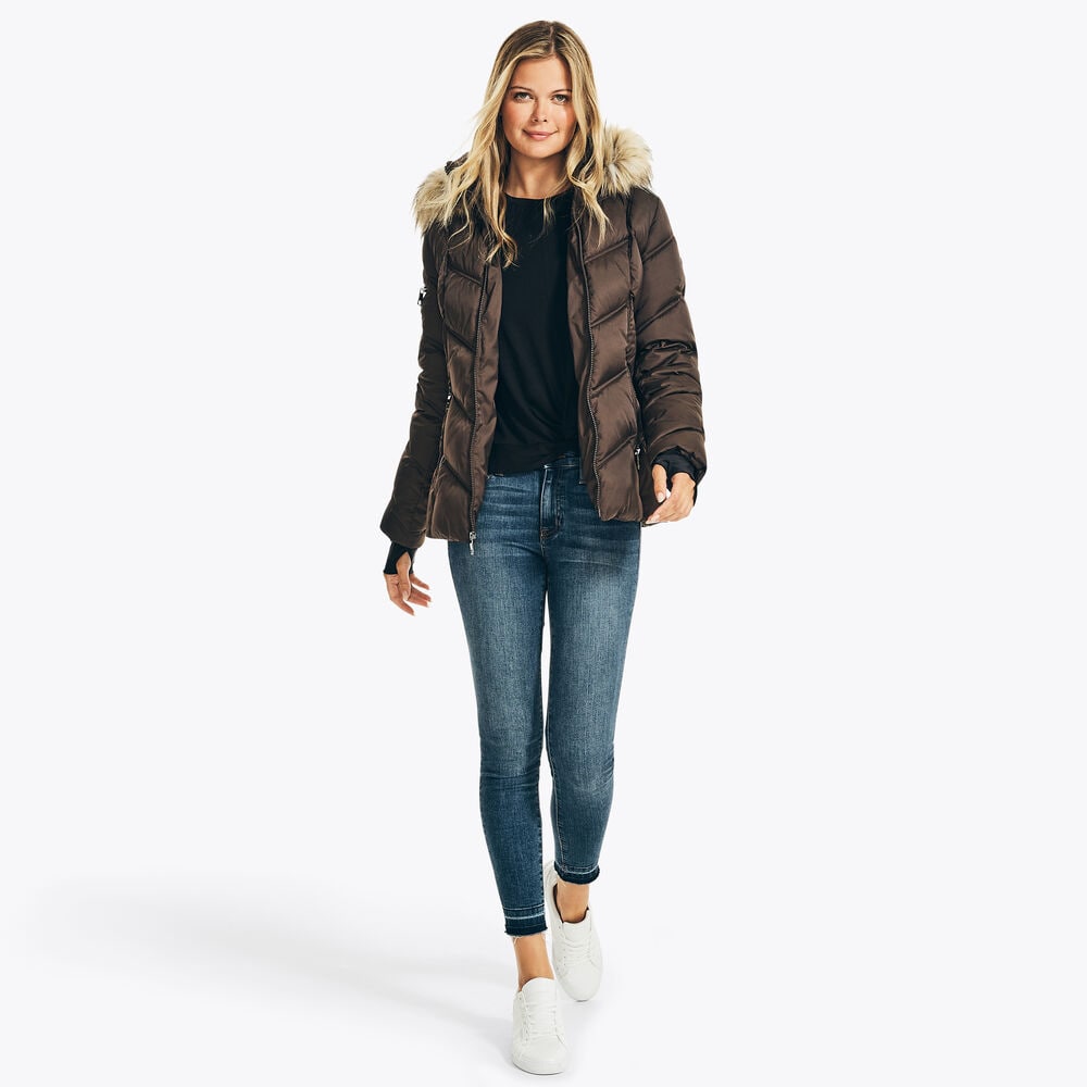 FAUX-FUR TRIMMED HOODED PUFFER,True Black,large