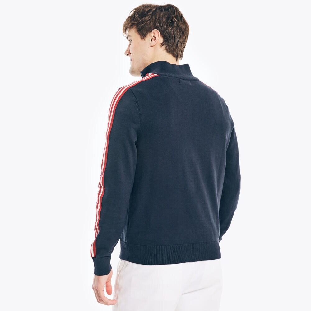 CLASSIC FIT STRIPE SLEEVE QUARTER-ZIP SWEATER,Navy,large
