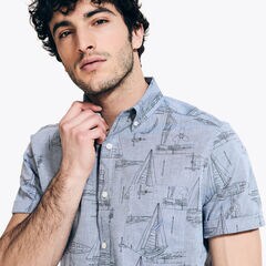 1983 Printed Chambray Short-Sleeve Shirt,Ensign Blue,large