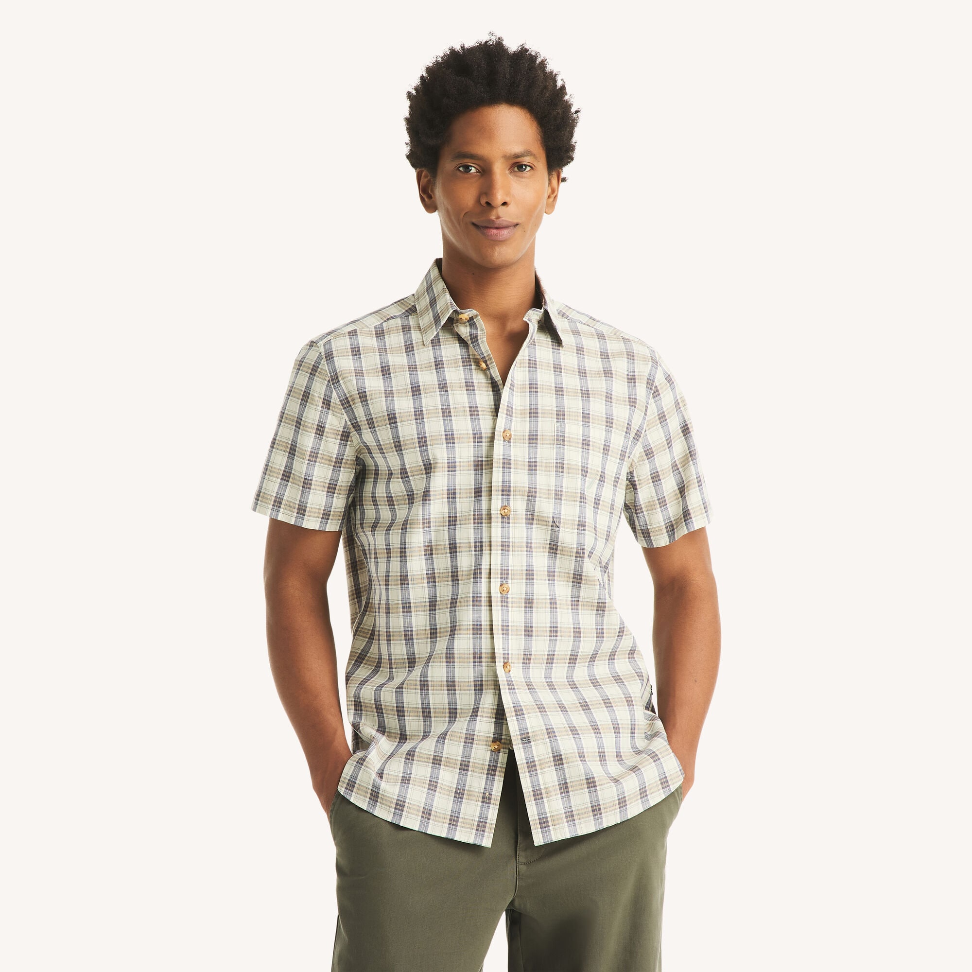 Plaid Short-Sleeve Shirt,Sand Drift,large