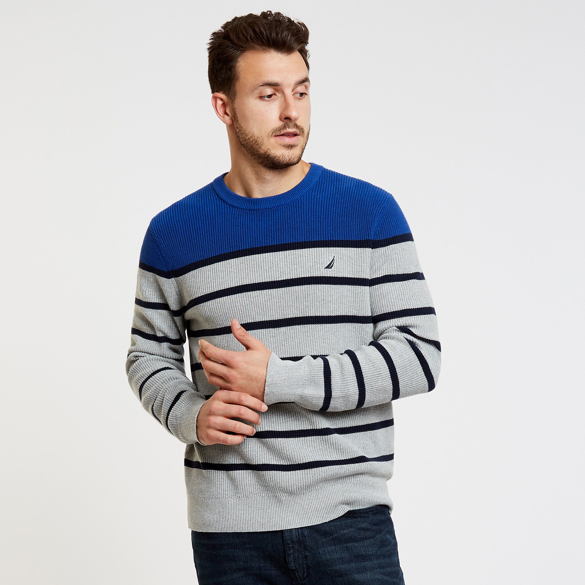 Textured Breton Stripe Crewneck Sweater,Grey Heather,large