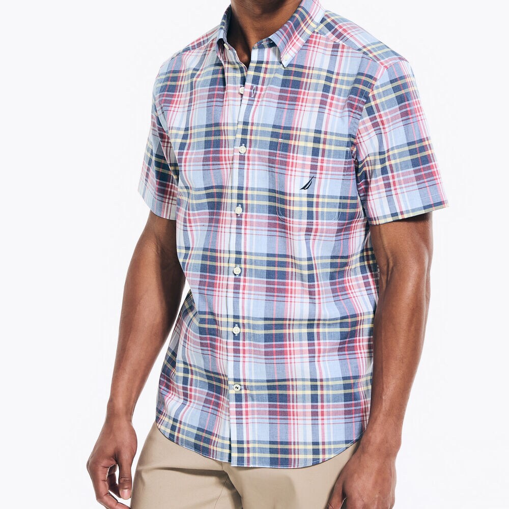 Big & Tall Heather Plaid Short-Sleeve Shirt,Sea Mist,large