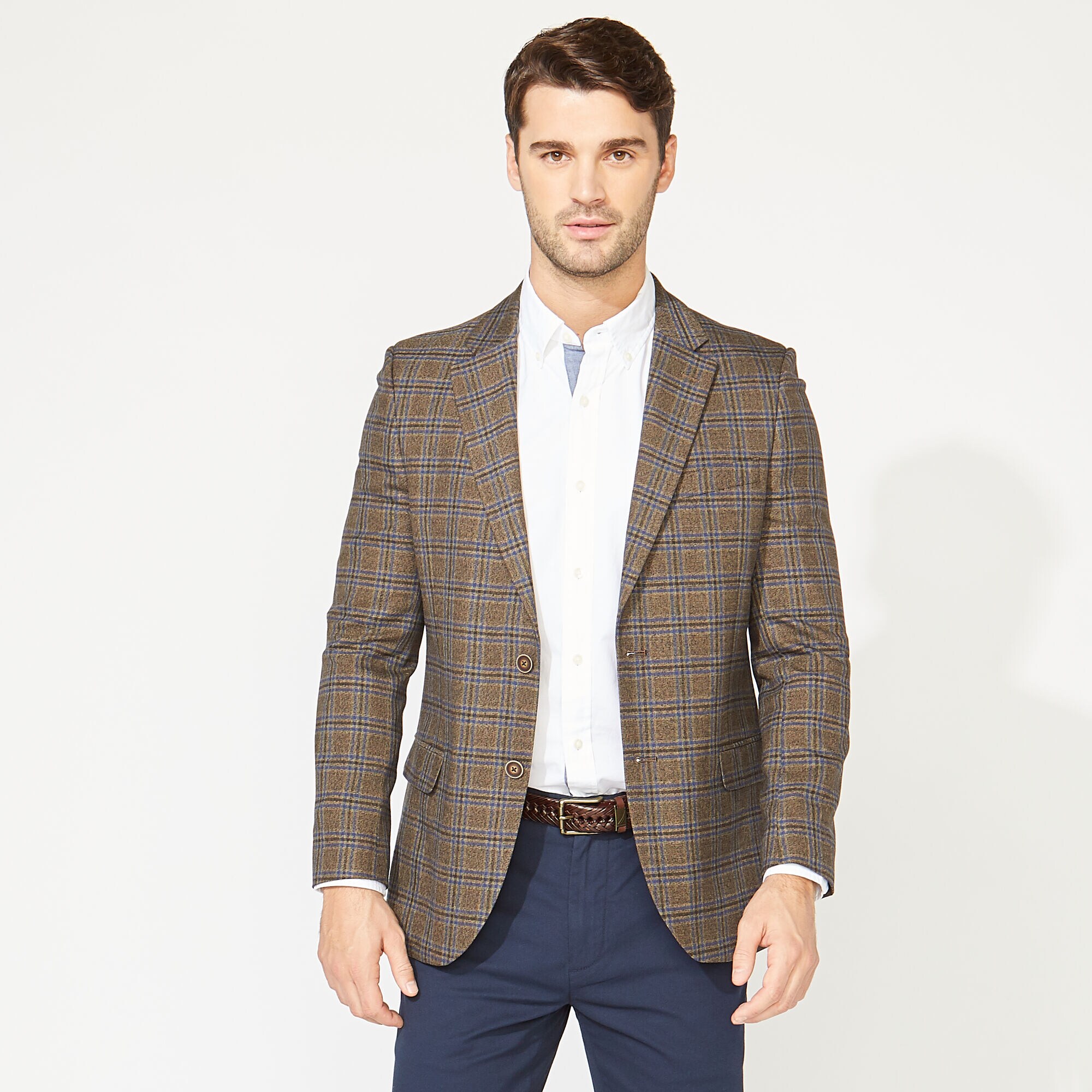 STRETCH PLAID BLAZER IN BROWN,Beachsand,large
