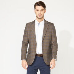 STRETCH PLAID BLAZER IN BROWN,Beachsand,large